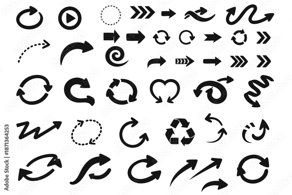 Naklejka premium A collection of arrows in various shapes and sizes. Some arrows are curved, while others are straight. The collection of arrows is meant to convey a sense of movement and direction