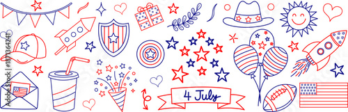 Fourth of july patriotic celebration doodle collection with american flag hat fireworks balloons stars festive party icons and outline elements