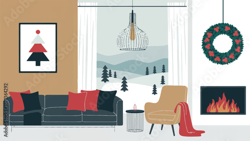 Cozy living room with Christmas decorations and winter landscape view