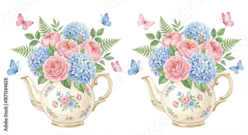 A watercolor vector illustration of an old-fashioned ceramic teapot with floral patterns, used as a vase and overflowing