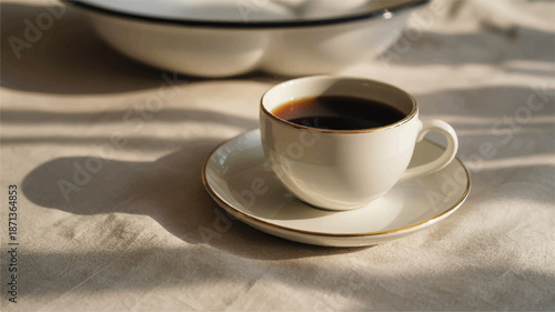 Cup of coffee on a saucer with gold trim on tablecloth