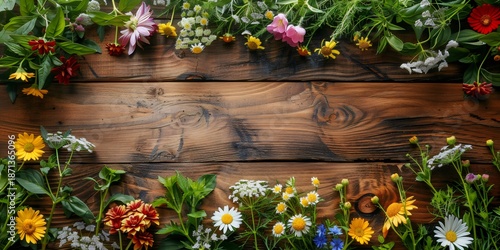 Assortment of wildflowers with green leaves arranged on rustic wooden board. Nature background for greeting card or thank you message.