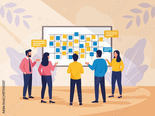 A group of people standing around a large screen with sticky notes on it in a meeting or brainstorming session with a colorful background
