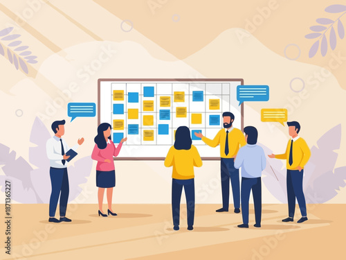 A group of business people standing around a board with sticky notes on it in a meeting room with a beige background
