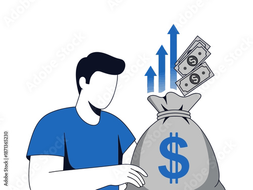 Man holding a money bag with dollar sign and bills coming out of it