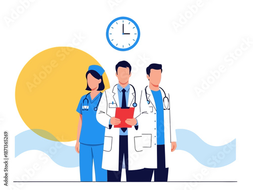 A group of medical professionals standing together with a clock