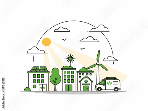 Eco friendly village with solar panels and wind turbine on a sunny day with green trees and a van