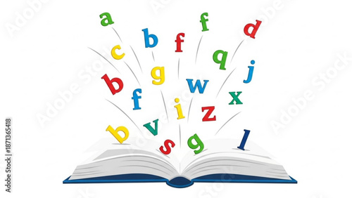 Colorful alphabet letters flying out of an open book on a white background