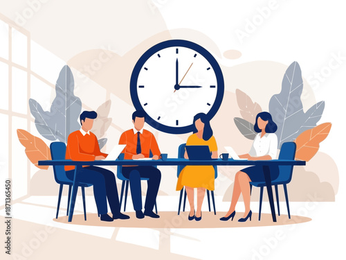 Business team sitting around a table with clock on wall in office