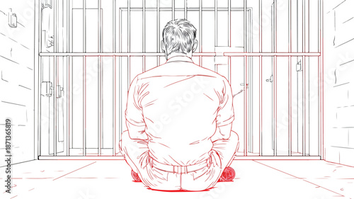 Prisoner Being Locked in Prison Vector - Professional Illustration with Outline Isolation