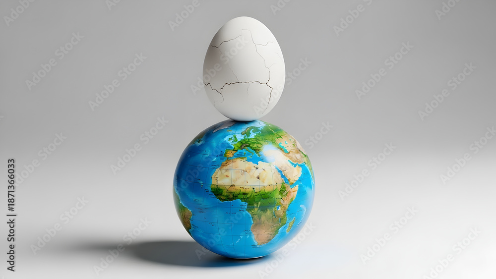 Fototapeta premium A cracked white egg precariously balanced on a globe, symbolizing the fragile state of planet earth. illustration