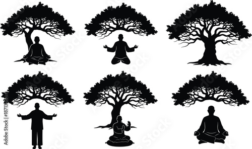 Silhouette meditation poses under stylized trees, black vector illustration, spiritual nature connection, mindfulness and wellness concept art design