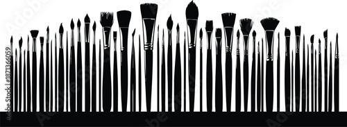 Collection of diverse makeup brushes in silhouette professional cosmetic tools for beauty and artistry isolated on white background