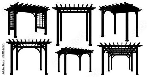 Collection of six pergola designs in black and white vector style, showcasing outdoor garden structures for landscaping projects, architectural plans, exterior decoration, and construction illustratio