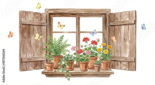 A watercolor vector illustration of an old-fashioned wooden window frame with open shutters.