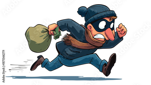 Cartoon Thief Running Away on White Background - Vector Illustration