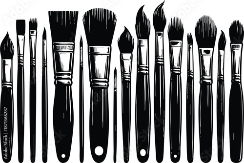 Collection of various paint brushes hand-drawn illustration in black and white perfect for art design and craft projects isolated on white background