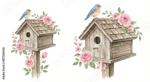 A watercolor vector illustration of a rustic wooden birdhouse on a post