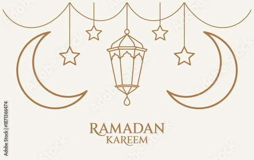 eid mubarak ramadan kareem greeting line icon, minimal vector design, simple glowing lantern, crescent moon with star, elegant festive background and horizontal banner illustration.