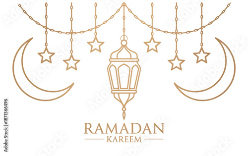 eid mubarak ramadan kareem greeting line icon, minimal vector design, simple glowing lantern, crescent moon with star, elegant festive background and horizontal banner illustration.