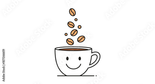 Cheerful smiling coffee cup has roasted coffee beans floating above it in a fun and simple cartoon illustration style.