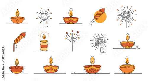 Collection of various festive items for Diwali includes diyas, candles, and firecrackers in a consistent line drawing style.