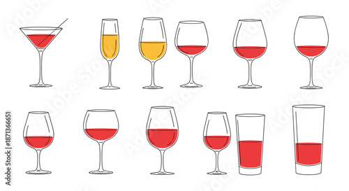 Assorted wine glasses containing different levels of red and white wine depicted in a clean and minimalist line art style on a white background.