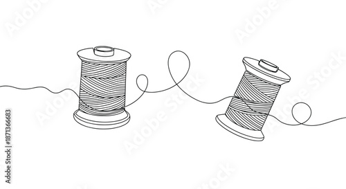 Two traditional wooden spools of thread connected by a single flowing continuous line representing sewing, embroidery, and various handmade crafts.