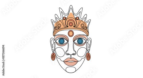 Artistic depiction of a stylized face wearing a crown and earrings in a colorful continuous line drawing with striking blue eyes and orange accents.