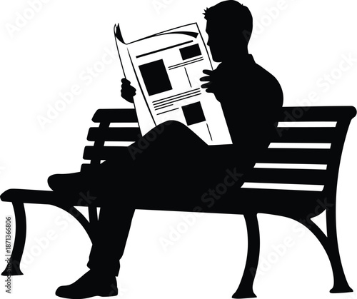 Silhouette of a man sitting quietly on a park bench while engrossed in reading the daily newspaper or printed publication during a moment of relaxation