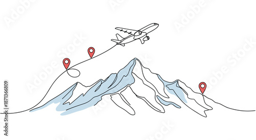 Airplane flying over a rugged mountain range with red location pins and its flight path shown in a modern continuous line drawing style.
