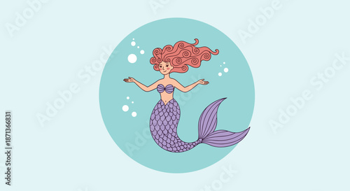 Beautiful mermaid with long pink hair and a purple tail swimming gracefully in a blue ocean circle illustration with bubbles and white dots.