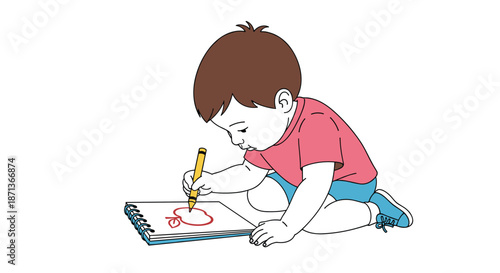 Little boy with brown hair sitting on the floor and deeply focused on drawing a red apple in his blue spiral sketchbook with a yellow crayon.