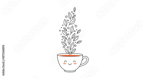 Happy cartoon tea cup with a smiling face and tea leaves rising with steam in a simple and clean black and white line art drawing.
