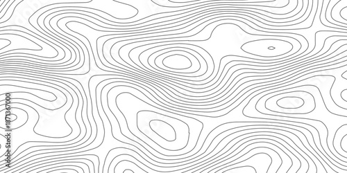 Abstract black and white topographic contour pattern with wavy flowing lines, representing terrain elevation and organic fluid motion as a modern minimalist map  background.
