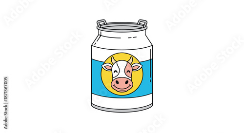 Traditional metal milk can with a blue label featuring a happy cow face illustration on a yellow sun background for dairy products.