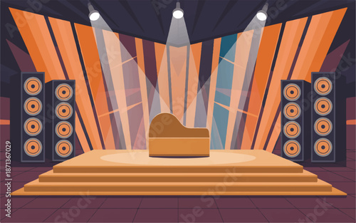 empty stage with speakers and spotlight beams shining down on a podium in a concert hall interior