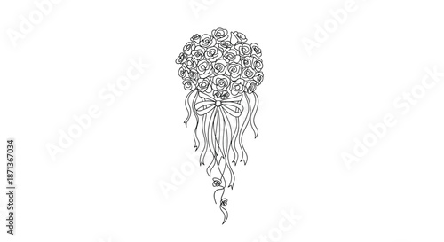 Large bouquet of roses tied with a decorative bow and long flowing ribbons shown in a detailed black and white line art drawing for weddings.