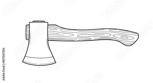 Heavy duty axe with a textured wooden handle and a sharp metal blade shown in a clean black and white line art drawing for outdoor themes.