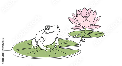 Green frog sitting on a large lily pad next to a beautiful pink lotus flower in a minimalist continuous line drawing with soft colors.