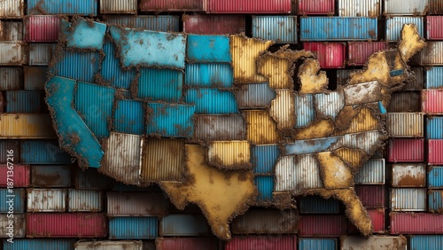 Global Trade Tension Concept with Shipping Containers Forming Geopolitical Borders and Economic Division