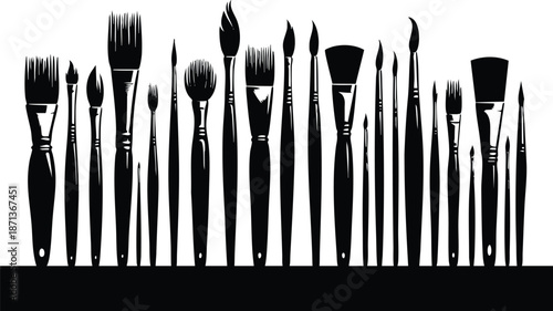 Collection of assorted artist paint brushes silhouette illustration for art and design projects isolated on white background