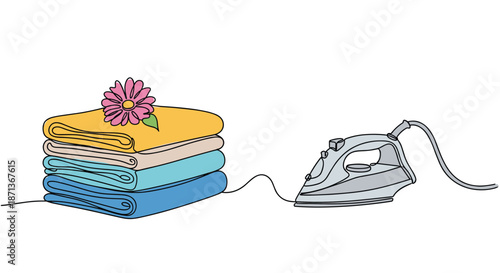 Domestic ironing scene with a stack of four towels and a decorative flower connected by a single line to an electric iron.