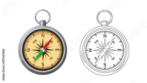 Realistic vector illustration of a classic magnetic compass, shown in both full color and as a detailed black and white outline.