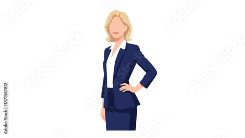 Minimalist flat illustration of a confident, faceless blonde businesswoman in a blue suit, standing with one hand on her hip.