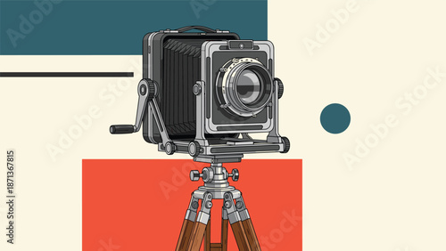 Stylized retro illustration of a vintage large-format bellows camera on a wooden tripod against a geometric color block background.