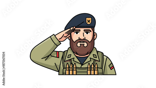 Cartoon portrait of a bearded soldier in a military uniform and beret, giving a respectful salute with a serious expression.