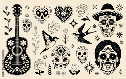 Day of the Dead themed illustrations with skulls and flowers on beige background