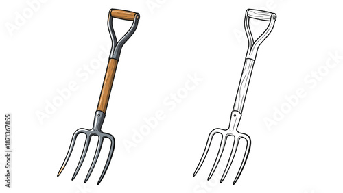 Vector illustration of a garden pitchfork with a wooden handle, shown in both a full-color version and a black outline.