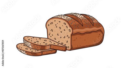 Hand-drawn vector illustration of a freshly baked loaf of whole wheat bread with a few slices cut from the front.